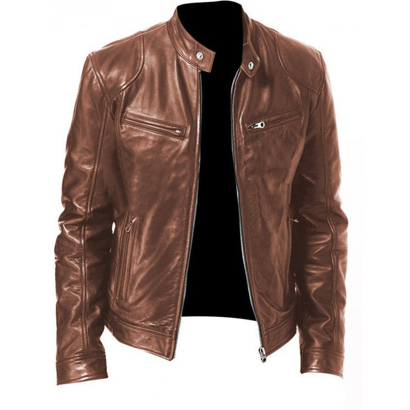 Mens Zip Front Jacket with Stand Collar and Zippered Pockets