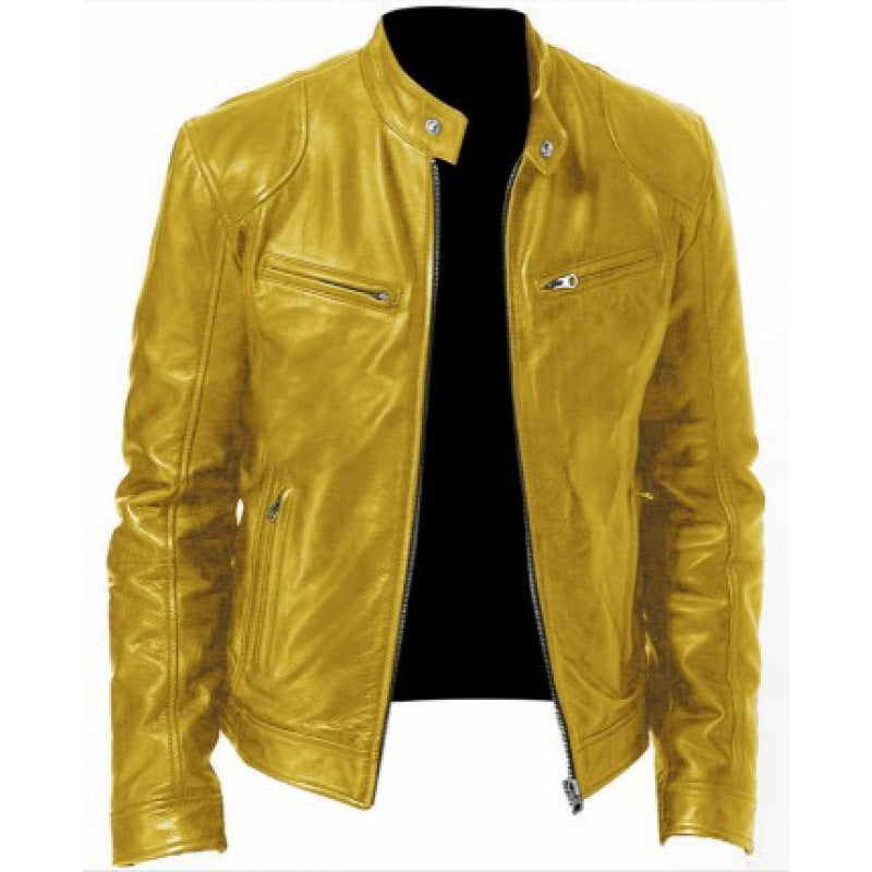 Mens Zip Front Jacket with Stand Collar and Zippered Pockets