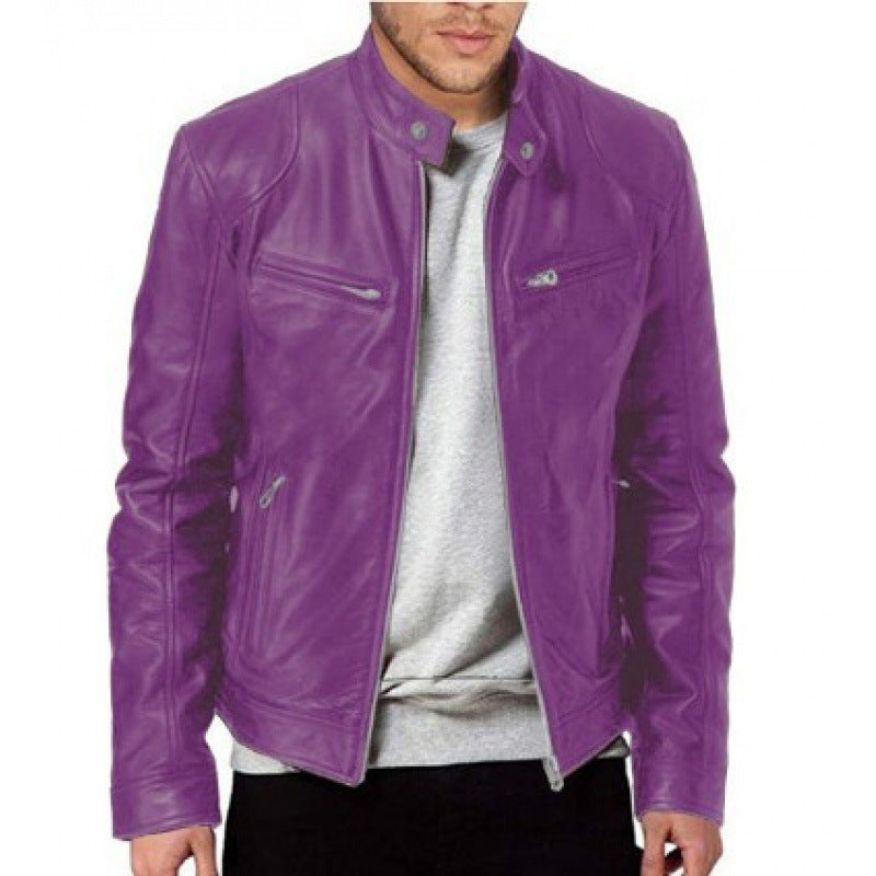Mens Zip Front Jacket with Stand Collar and Zippered Pockets