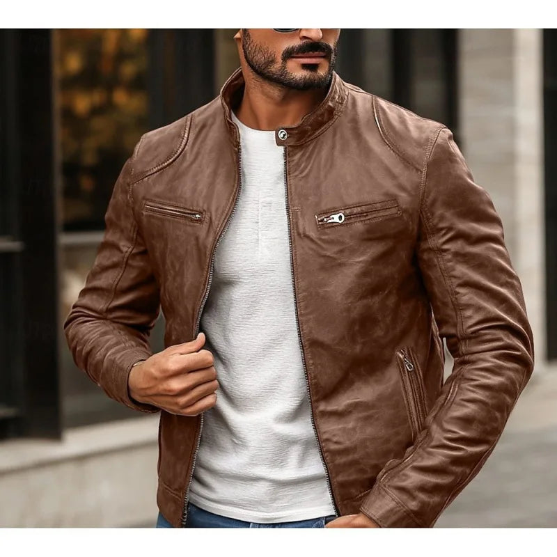 Mens Zip Front Jacket with Stand Collar and Zippered Pockets
