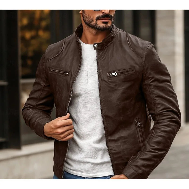 Mens Zip Front Jacket with Stand Collar and Zippered Pockets