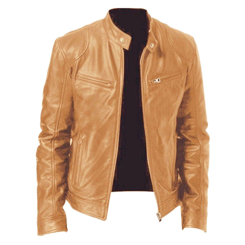 Mens Zip Front Jacket with Stand Collar and Zippered Pockets