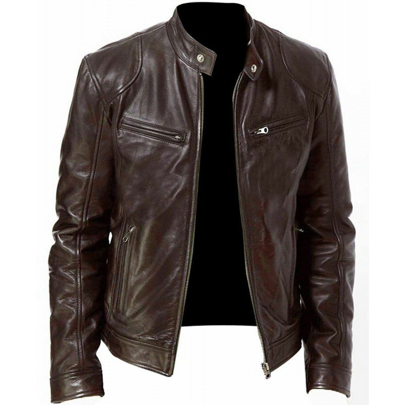 Mens Zip Front Jacket with Stand Collar and Zippered Pockets