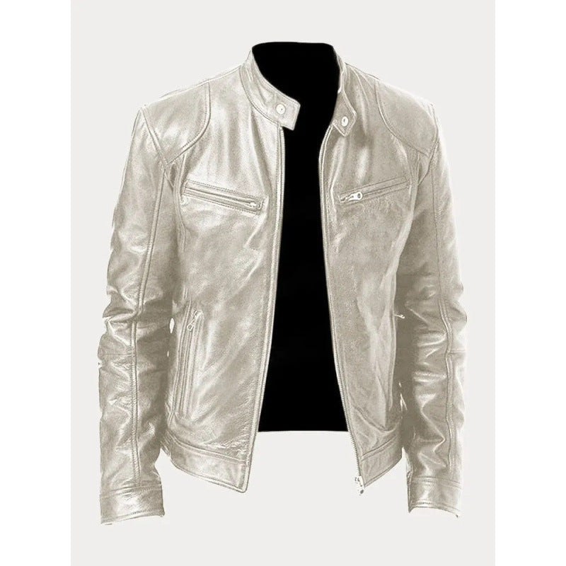 Mens Zip Front Jacket with Stand Collar and Zippered Pockets
