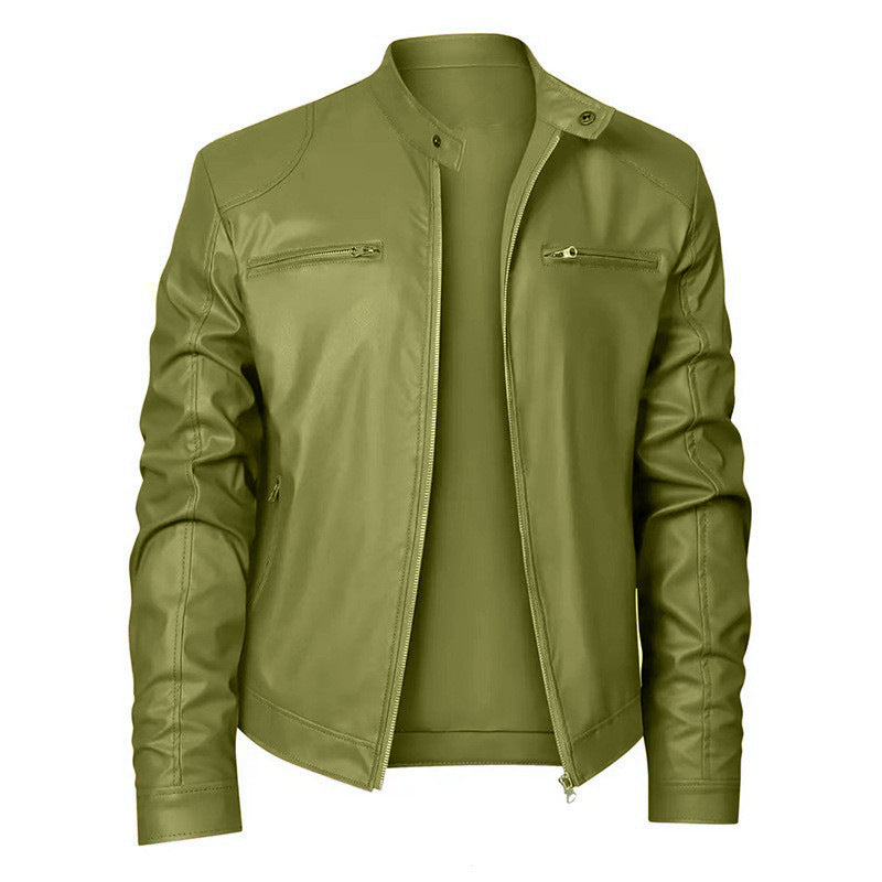 Mens Zip Front Jacket with Stand Collar and Zippered Pockets