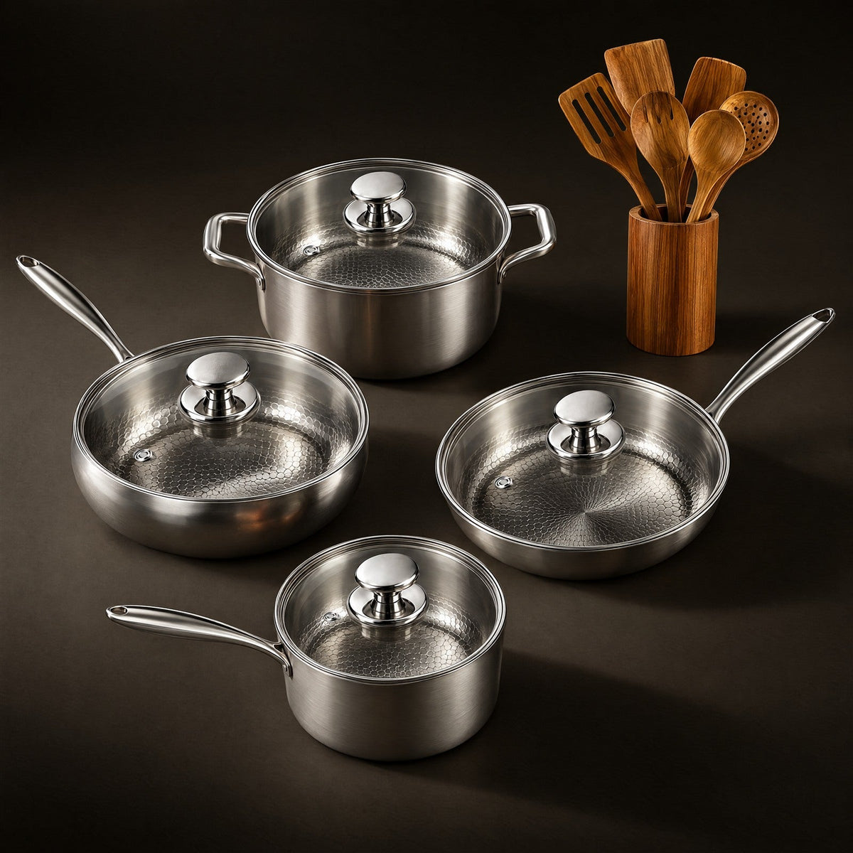 Hammered Titanium Pan & Pot Kitchen Set with Wooden Utensils