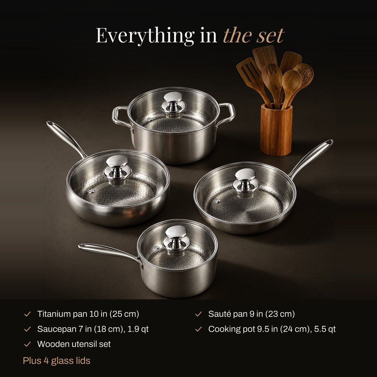 Hammered Titanium Pan & Pot Kitchen Set with Wooden Utensils