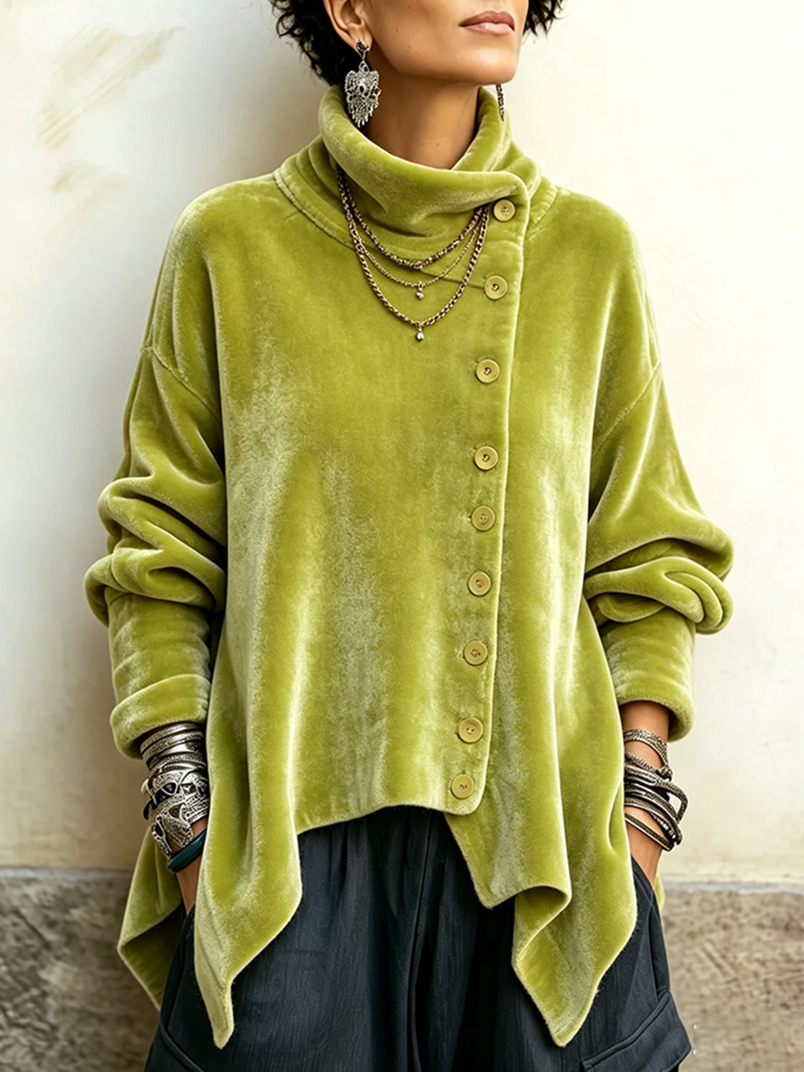 Velvet Asymmetric Button Turtleneck Top