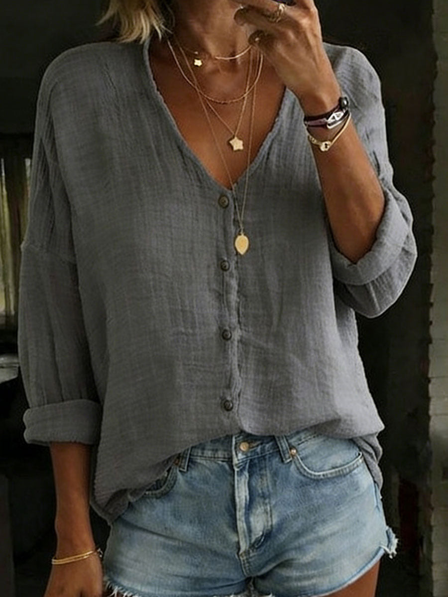 Cotton Linen Loose Solid Color Long-sleeved Shirt