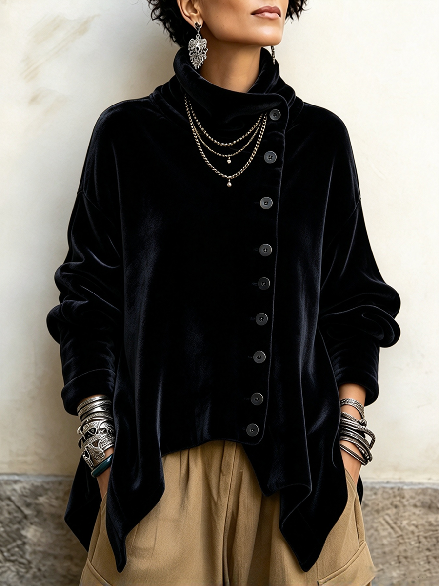 Velvet Asymmetric Button Turtleneck Top