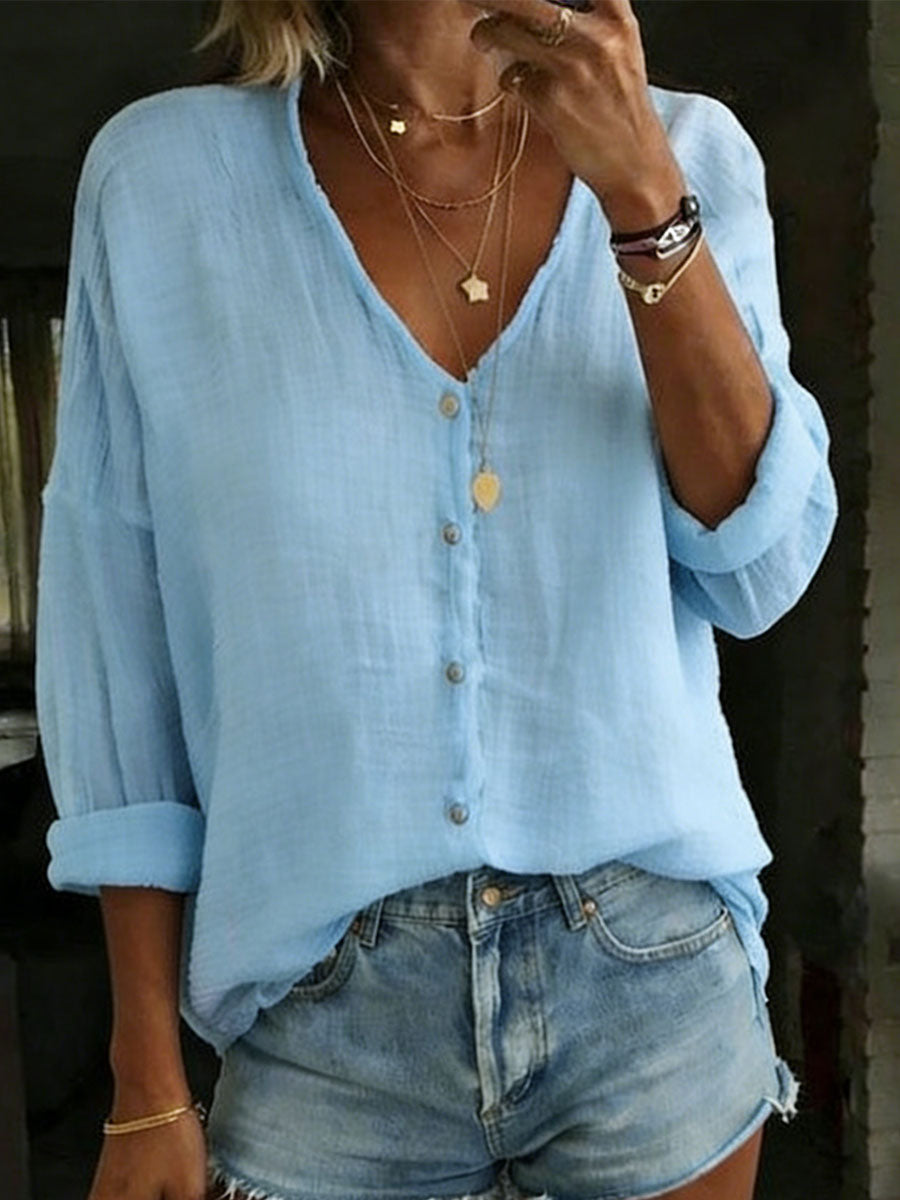 Cotton Linen Loose Solid Color Long-sleeved Shirt