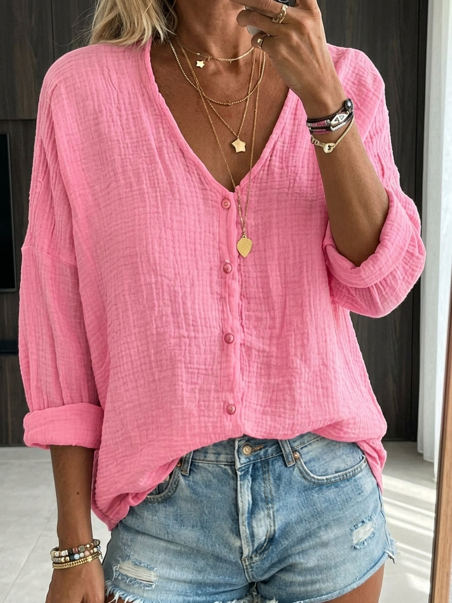 Cotton Linen Loose Solid Color Long-sleeved Shirt