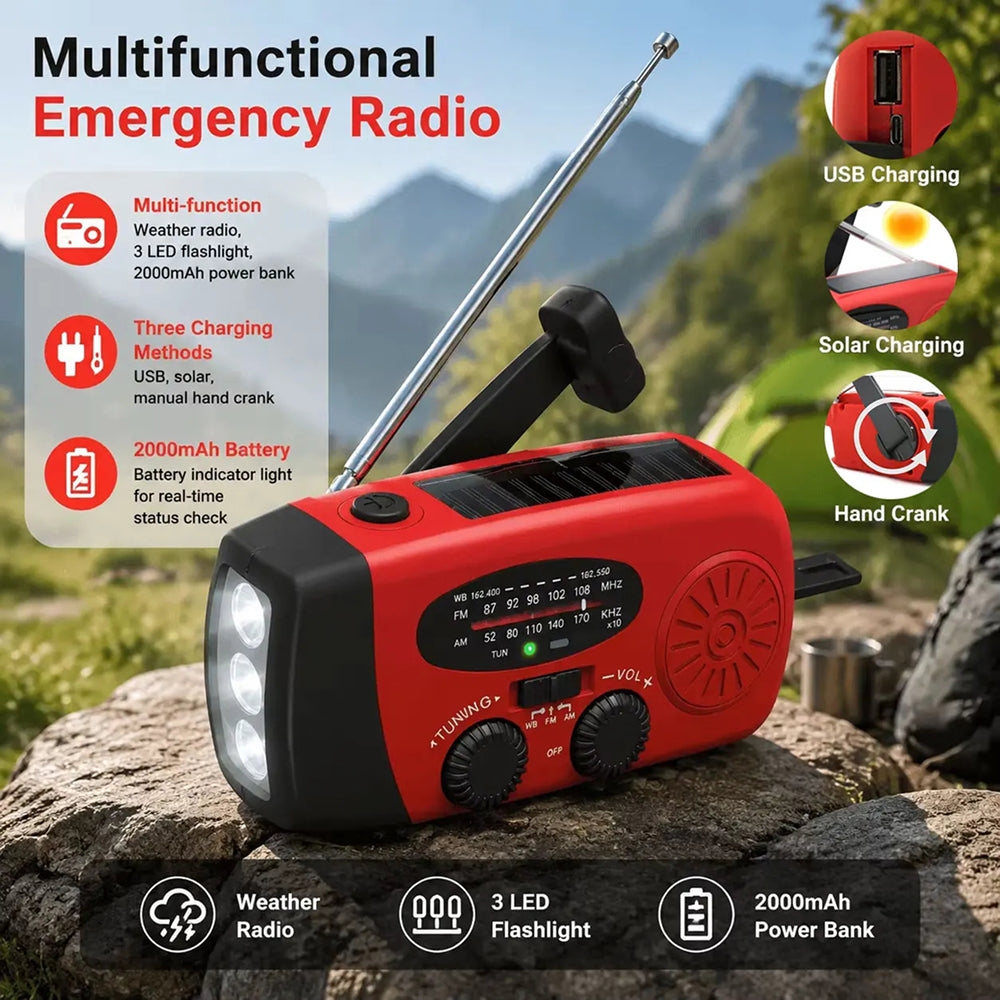 Solar Hand Crank Radio with 2000mAh Power Bank, AM/FM/WX, LED Torch & SOS Alarm