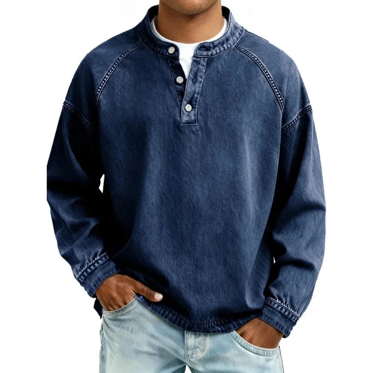 Men's Vintage-Wash Denim-Look Henley Pullover Sweatshirt
