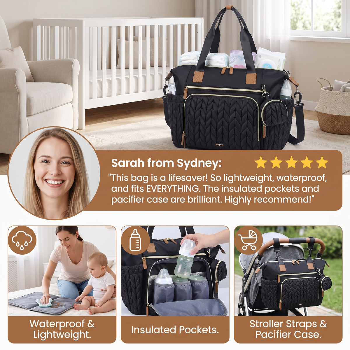 Lightweight Waterproof Diaper Tote Bag β Large Capacity with Changing Pad & Pacifier Case