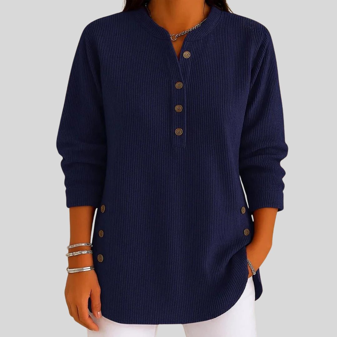 Ribbed Knit Pullover with Crew Neck and Button-Front for Women