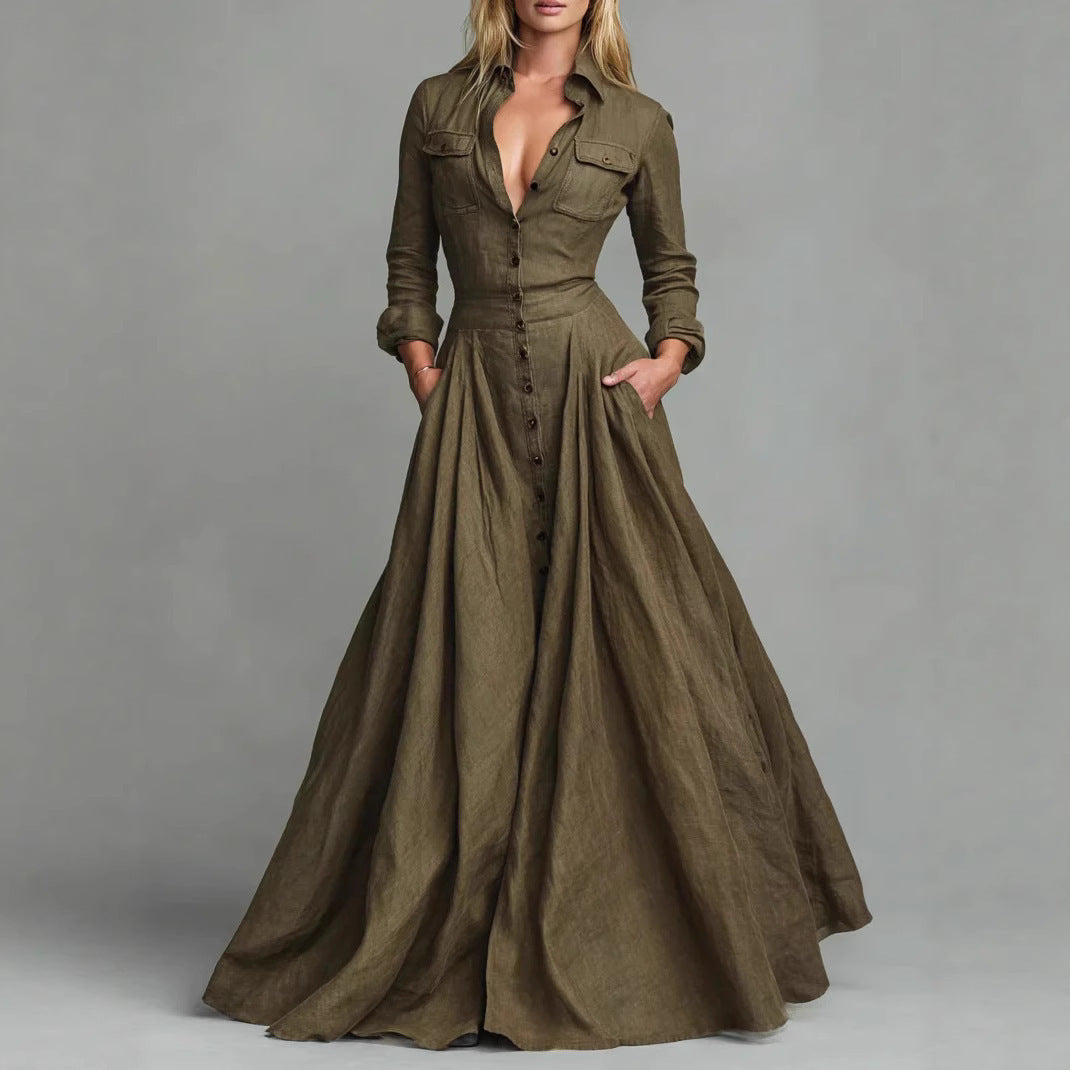 High-Waisted Long Sleeve Collared Button-Down Maxi Shirt Dress