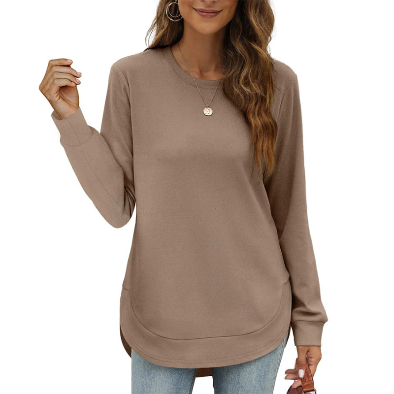Solid Color Long Sleeve High-Low Hem Tops for Women
