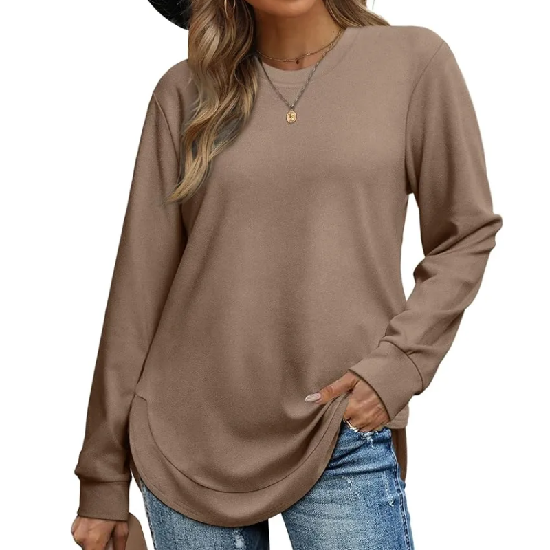 Solid Color Long Sleeve High-Low Hem Tops for Women