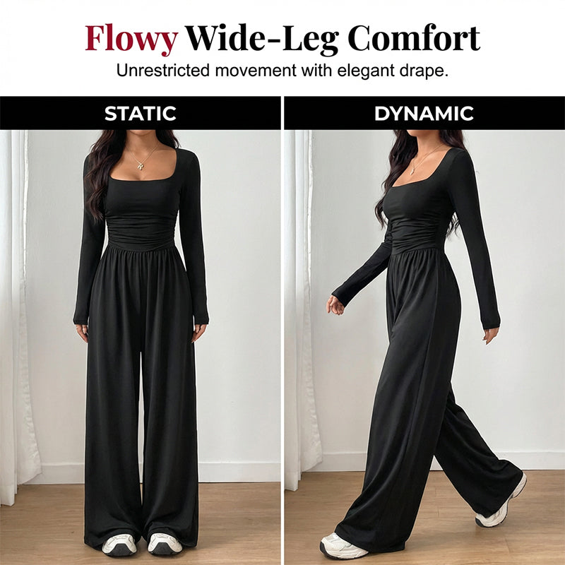 Women's Casual Square Neck Wide-Leg Jumpsuit – Flattering Comfort & Effortless Autumn Style
