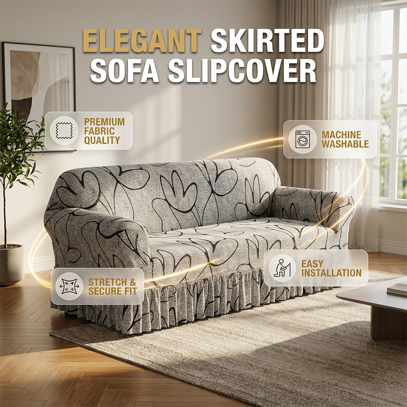 Universal Stretch Fitted Couch Slipcover – High-Stretch Premium Fabric, Elegant Ruffled Hem & Complete Living Room Upgrade – Instant Sofa Makeover in Minutes