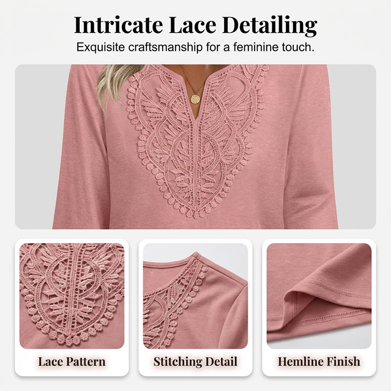 Lace-Trim V-Neck Blouse – Breathable Fabric & Flattering Drape for Work or Weekend