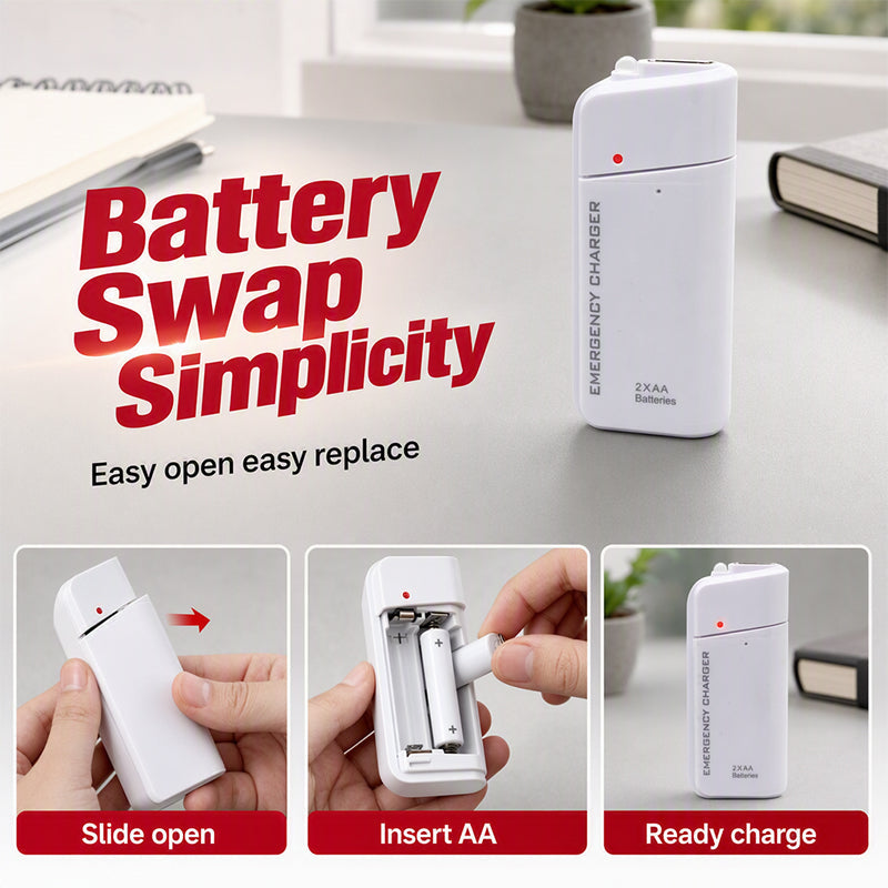 Portable Emergency Mobile Phone Charger Powered by AA Batteries, Built-In LED Flashlight, Perfect for Travel and Outdoor Emergencies