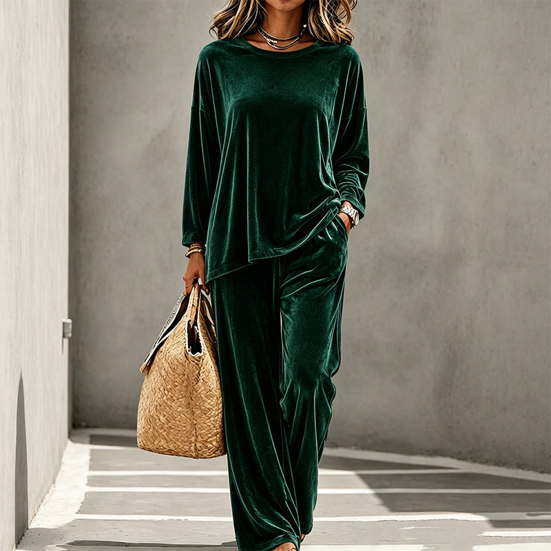 Women's Velvet Set – Long Sleeve Top & Wide Leg Trousers