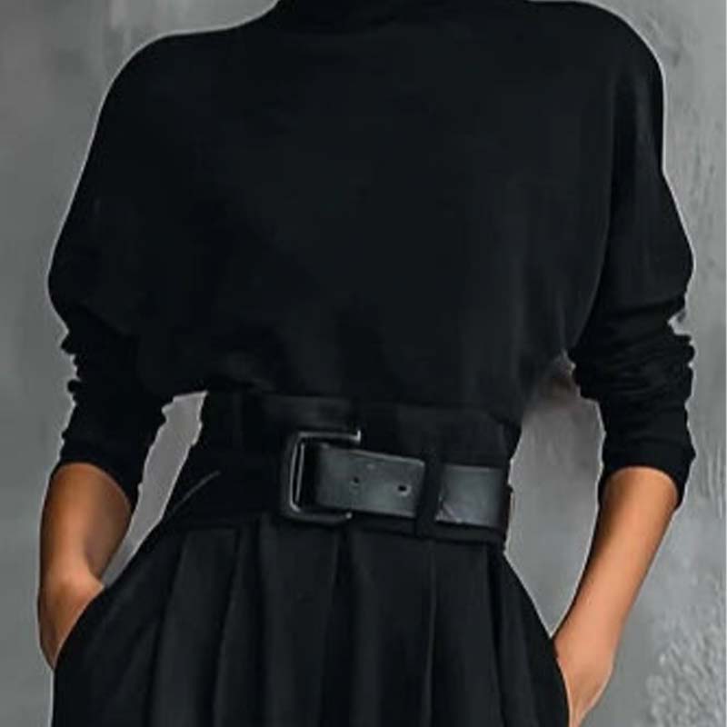 Elegant Women's Two-Piece Set: Turtleneck Shirt & High-Waist Trousers