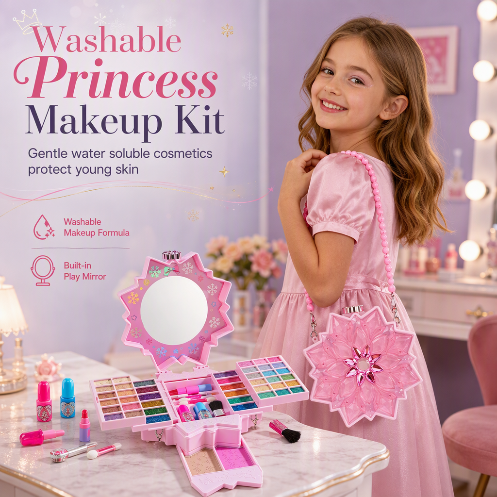 Washable Princess Makeup Set – Non-irritating, trays & portable case