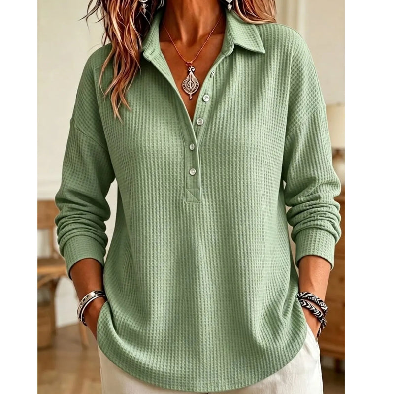 Women's Waffle-Knit Collared Relaxed Long-Sleeve Top