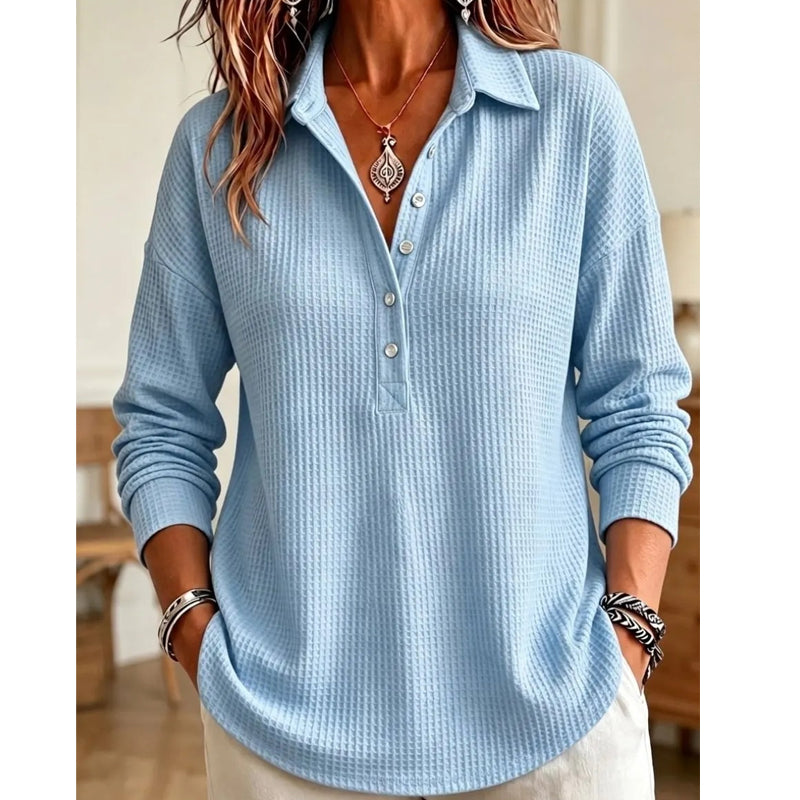 Women's Waffle-Knit Collared Relaxed Long-Sleeve Top