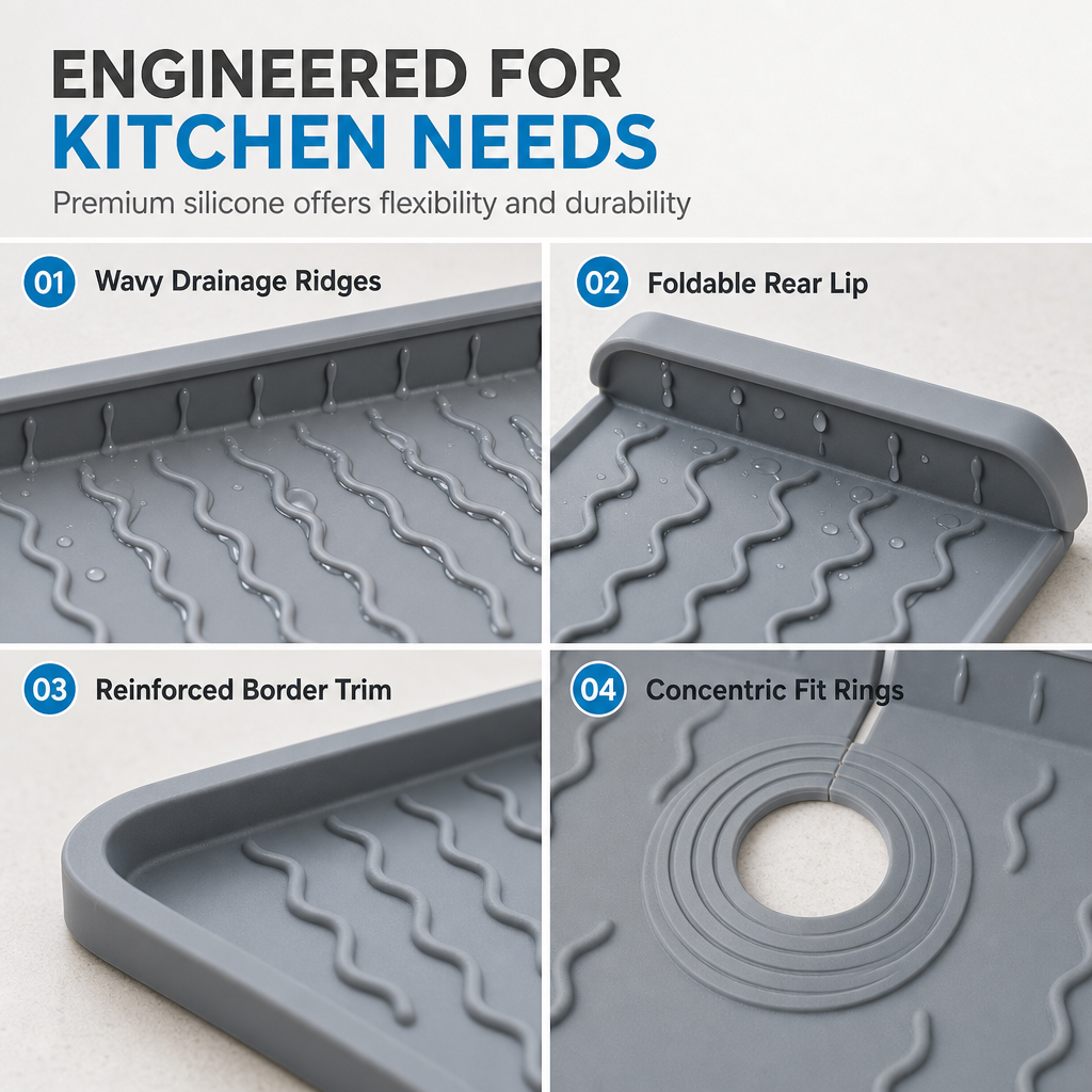 Trimmable Silicone Splash Guard Mat for Faucet – Self-Draining & Keeps Counter Dry