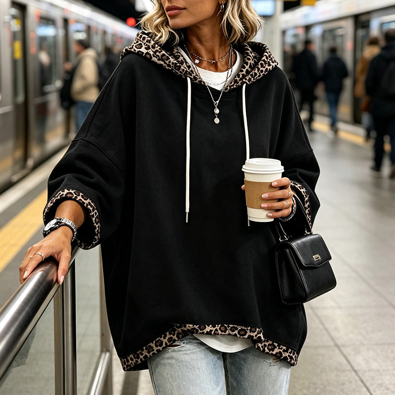 Leopard Detail, Easy Style | Women's Loose-Fit Drawstring Hoodie