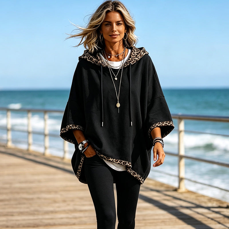 Leopard Detail, Easy Style | Women's Loose-Fit Drawstring Hoodie