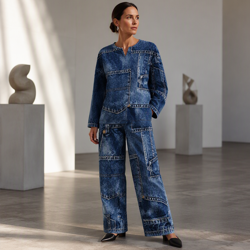 Women's Patchwork Top & Wide-Leg Pants 2-Piece Set