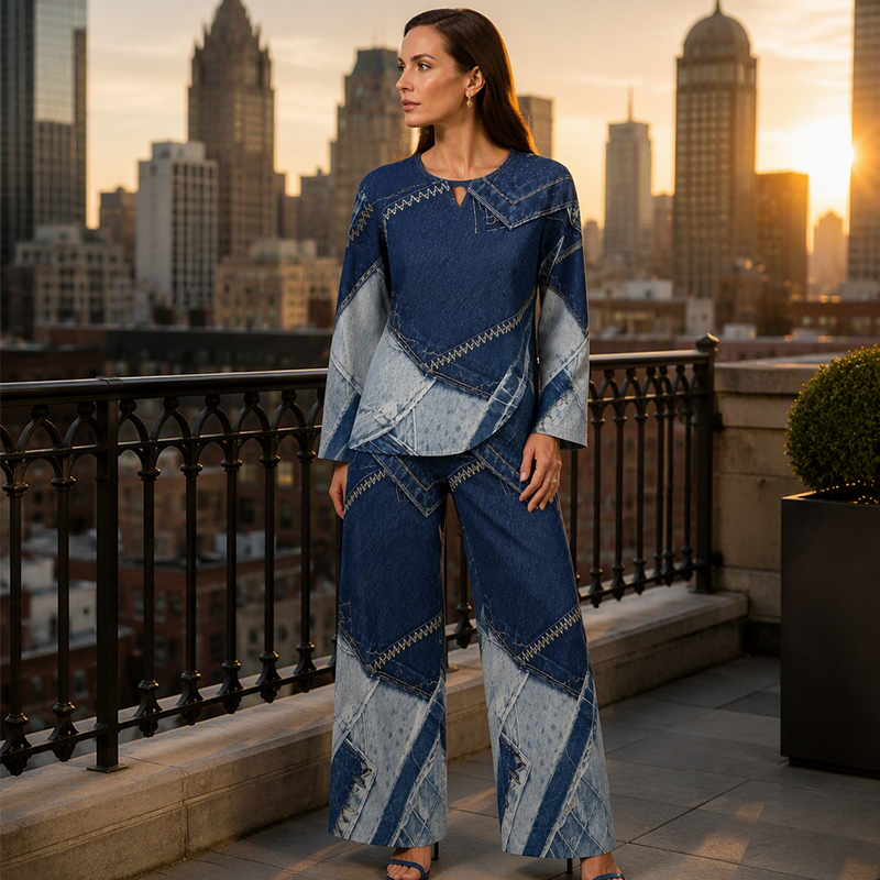 Women's Patchwork Top & Wide-Leg Pants 2-Piece Set