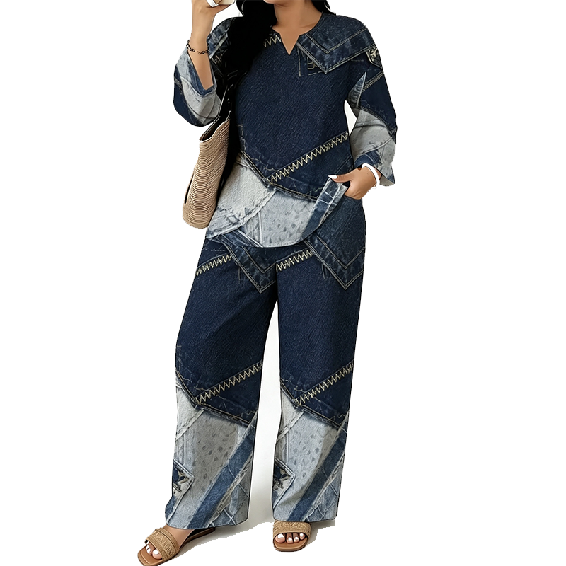 Women's Patchwork Top & Wide-Leg Pants 2-Piece Set