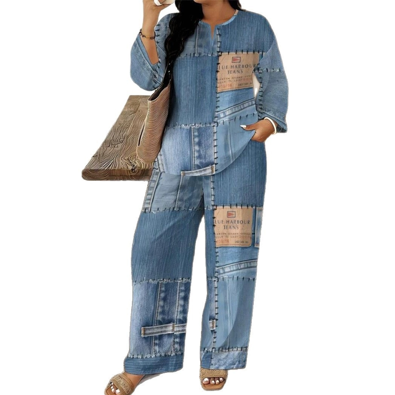 Women's Patchwork Top & Wide-Leg Pants 2-Piece Set