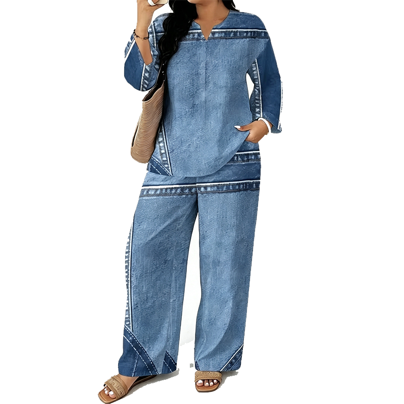 Women's Patchwork Top & Wide-Leg Pants 2-Piece Set