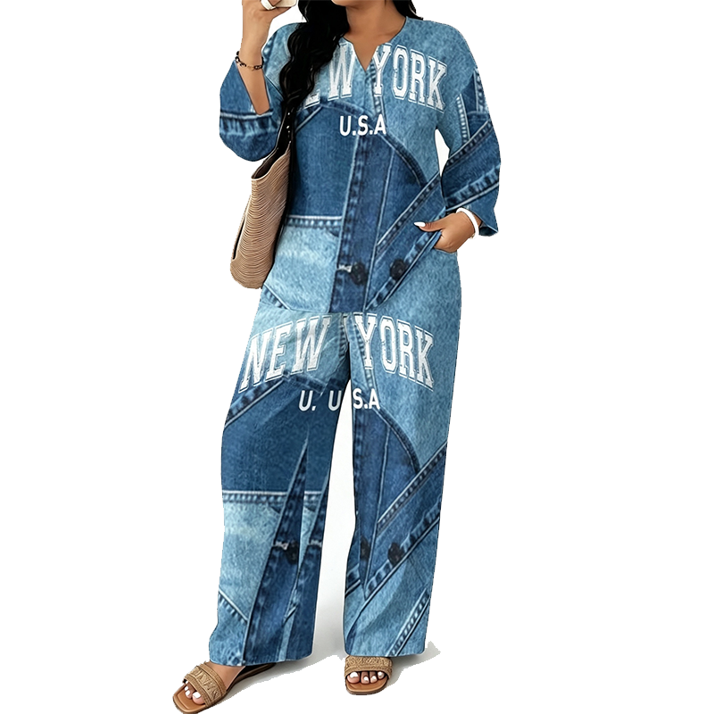 Women's Patchwork Top & Wide-Leg Pants 2-Piece Set