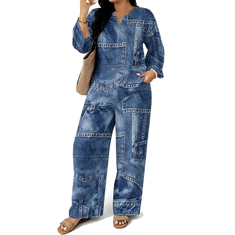 Women's Patchwork Top & Wide-Leg Pants 2-Piece Set