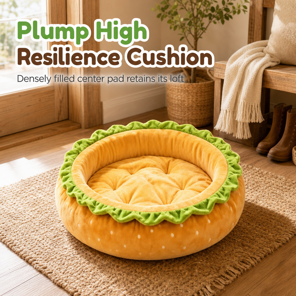Cute Hamburger Bun Shaped Pet Bed Warm Cozy Round Dog Bed Cushion for All Seasons