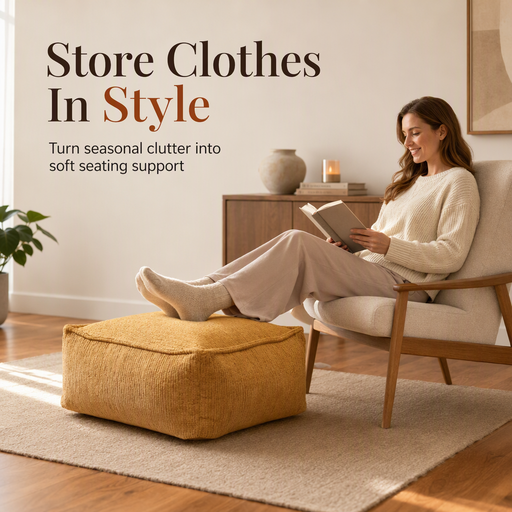 Storage Pouf Cover – Large Zipper, Washable & 45x45x23cm