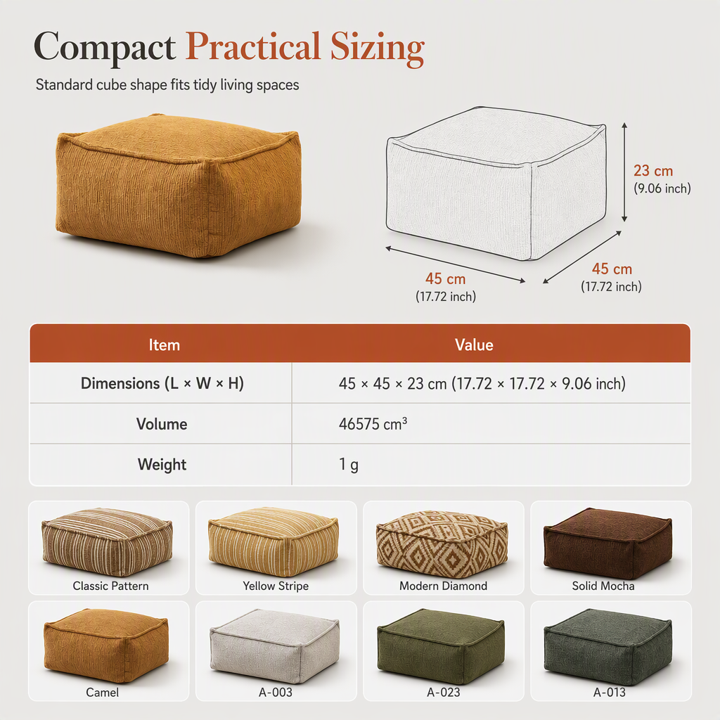 Storage Pouf Cover – Large Zipper, Washable & 45x45x23cm