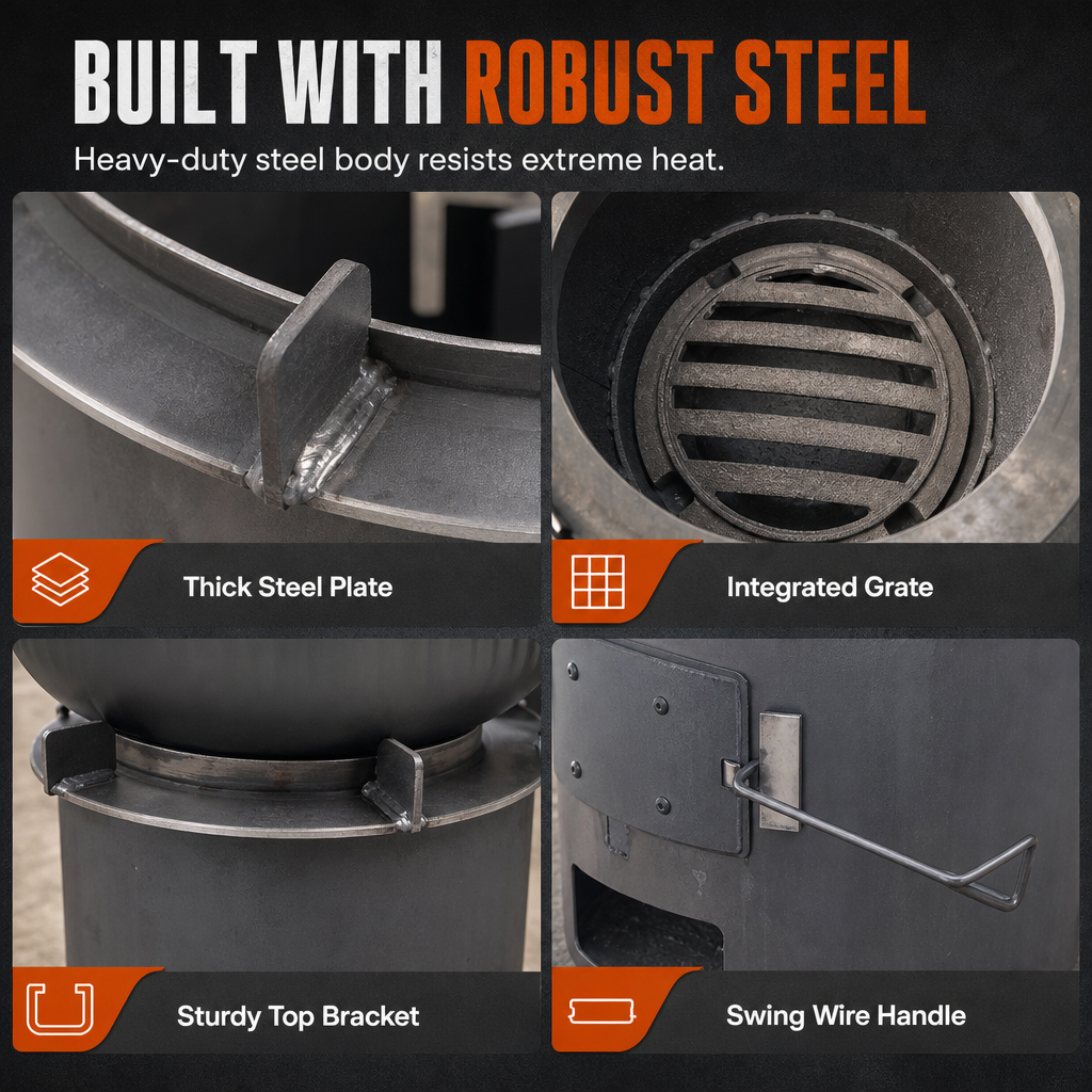 Heavy-Duty Portable Wood & Charcoal Camping Stove β High-Efficiency Bottom Draft Airflow for Smoke-Reduced Combustion, Thickened Anti-Warp Carbon Steel & Versatile 3-in-1 Boil Grill Simmer β Dual-Fuel