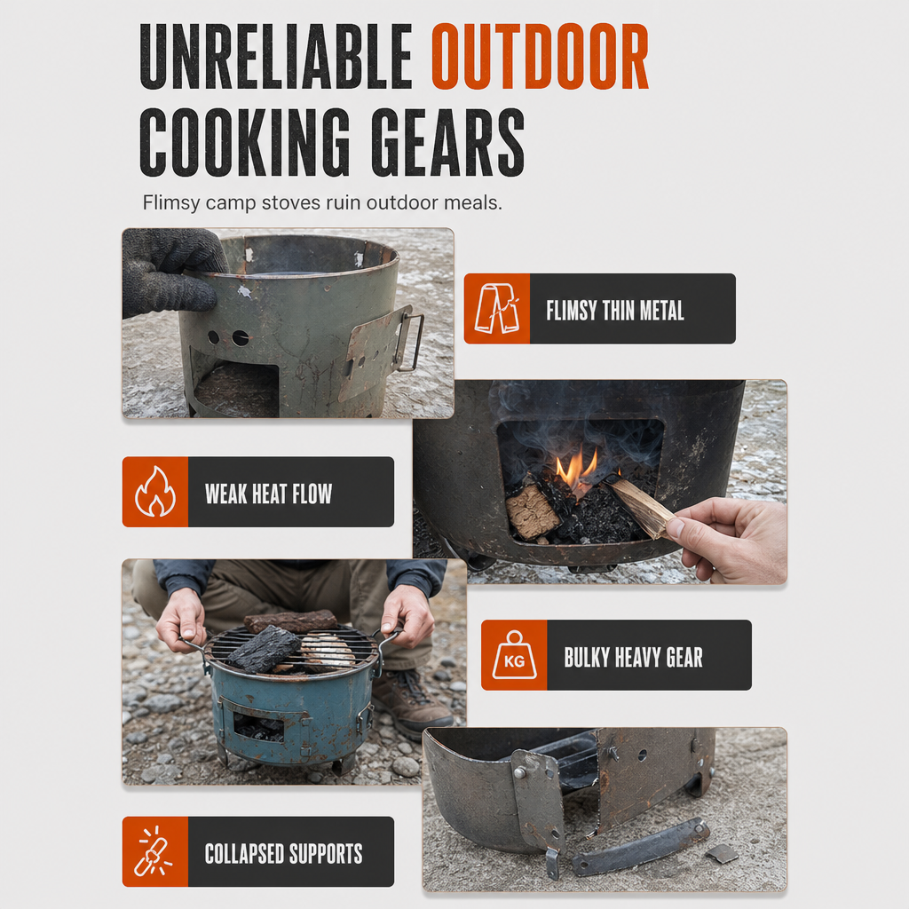 Heavy-Duty Portable Wood & Charcoal Camping Stove β High-Efficiency Bottom Draft Airflow for Smoke-Reduced Combustion, Thickened Anti-Warp Carbon Steel & Versatile 3-in-1 Boil Grill Simmer β Dual-Fuel