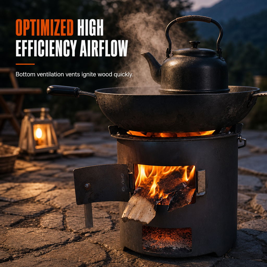 Heavy-Duty Portable Wood & Charcoal Camping Stove β High-Efficiency Bottom Draft Airflow for Smoke-Reduced Combustion, Thickened Anti-Warp Carbon Steel & Versatile 3-in-1 Boil Grill Simmer β Dual-Fuel