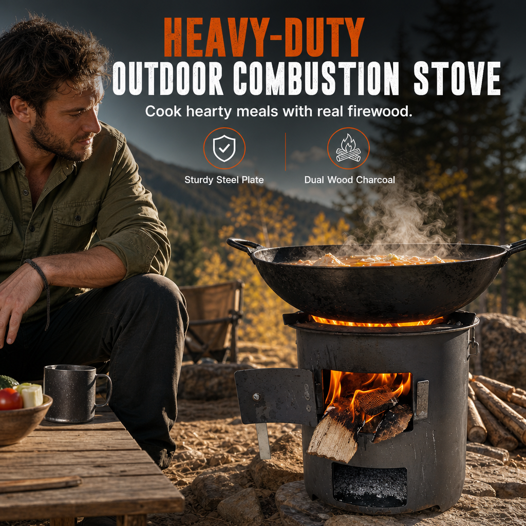 Heavy-Duty Portable Wood & Charcoal Camping Stove β High-Efficiency Bottom Draft Airflow for Smoke-Reduced Combustion, Thickened Anti-Warp Carbon Steel & Versatile 3-in-1 Boil Grill Simmer β Dual-Fuel