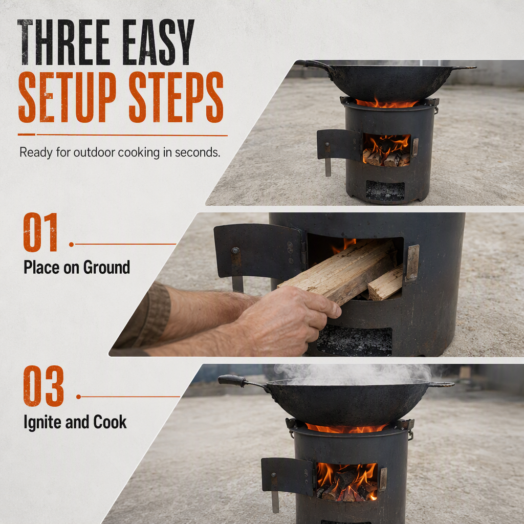 Heavy-Duty Portable Wood & Charcoal Camping Stove β High-Efficiency Bottom Draft Airflow for Smoke-Reduced Combustion, Thickened Anti-Warp Carbon Steel & Versatile 3-in-1 Boil Grill Simmer β Dual-Fuel